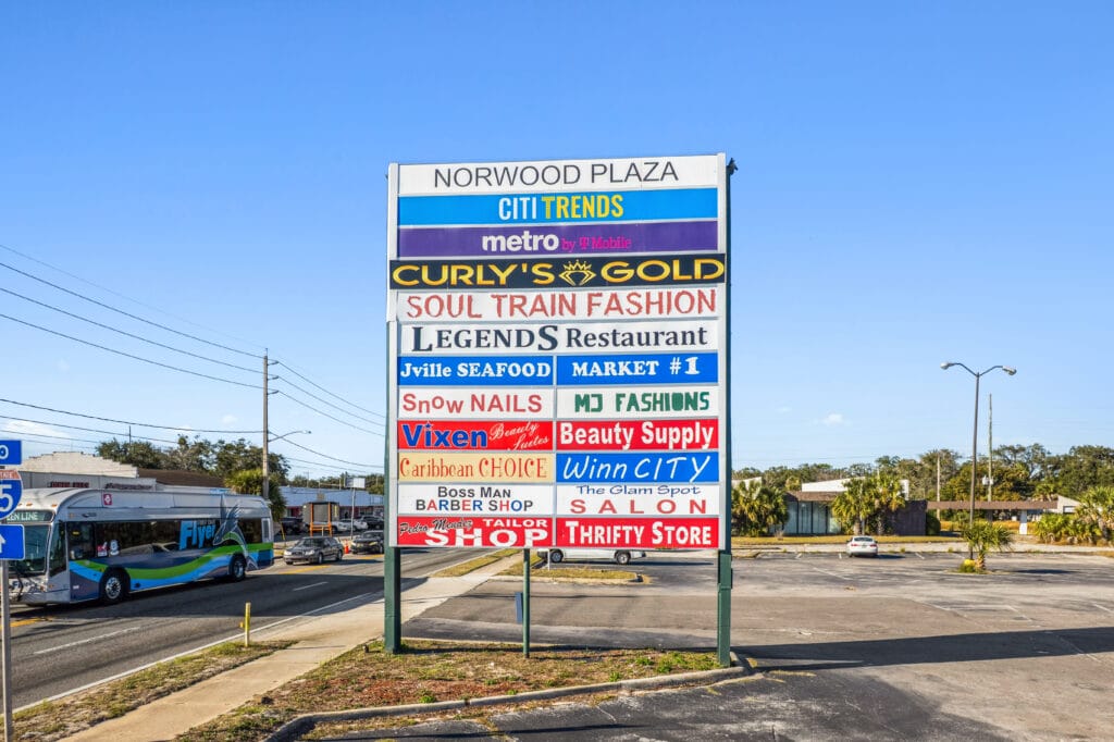 Exterior view of a commercial property located at 5451 Norwood Ave, Jacksonville, showcasing its architecture and surrounding