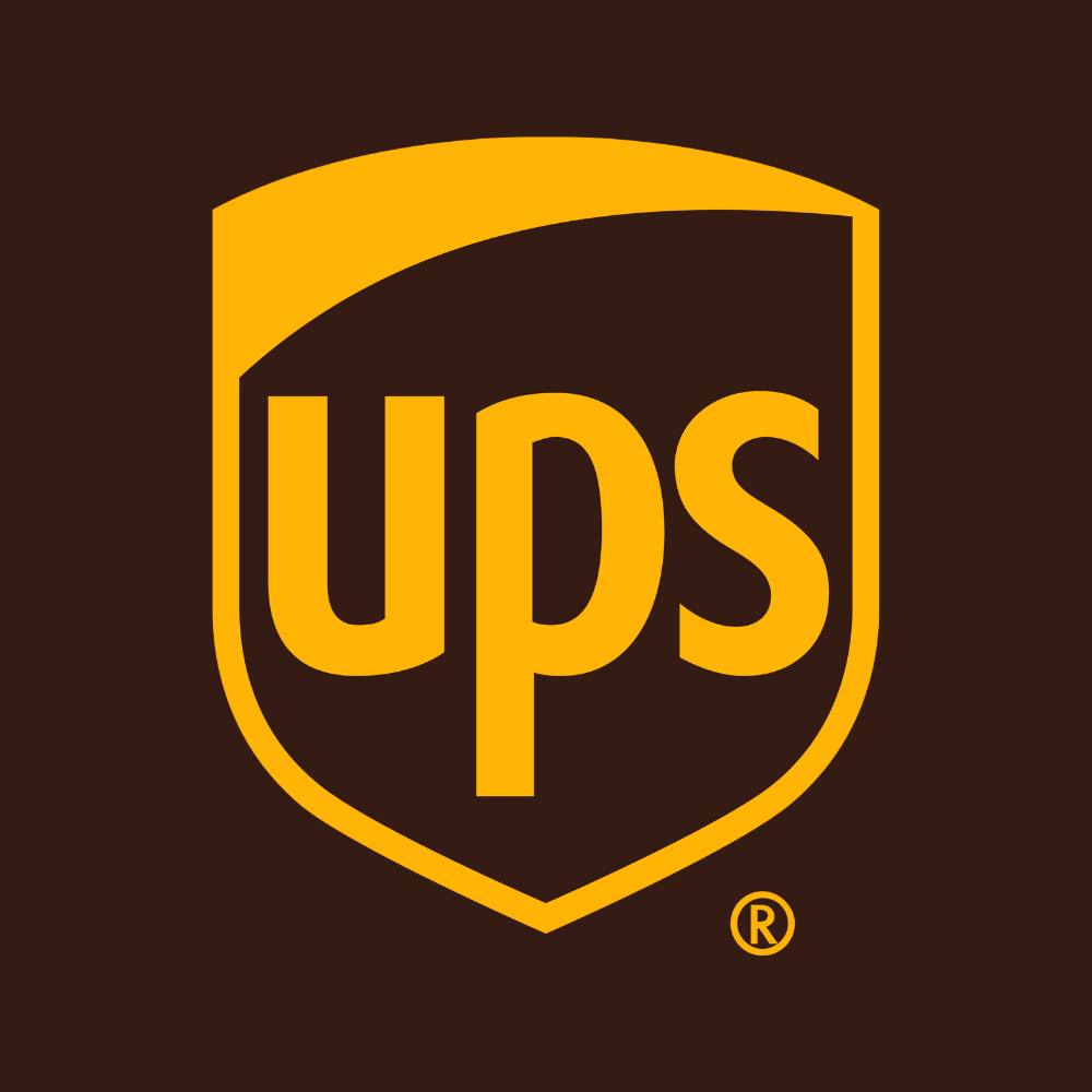 UPS logo displayed in a square format, featuring the iconic brown shield with the letters 'UPS' in yellow.