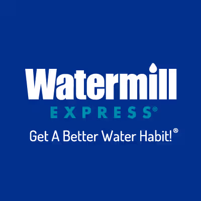 Watermill Express location featuring a water vending machine and signage, promoting fresh water access.